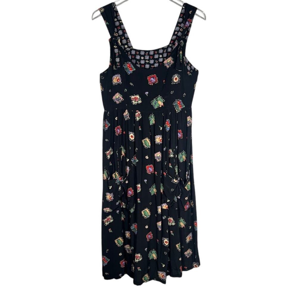 Vtg Romeo Romeo Sleeveless Midi Dress S Black Fruit Floral Print Cottagecore